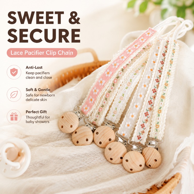 Baby Products For 1 Year Old - 新生児用レースおしゃぶりクリップチェーン、紛失防止おしゃぶりホルダー、刺繍ギフト、ベビー用品